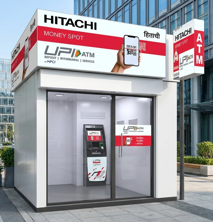 a professional high resolution photograph of a hitachi money spot atm kiosk copy